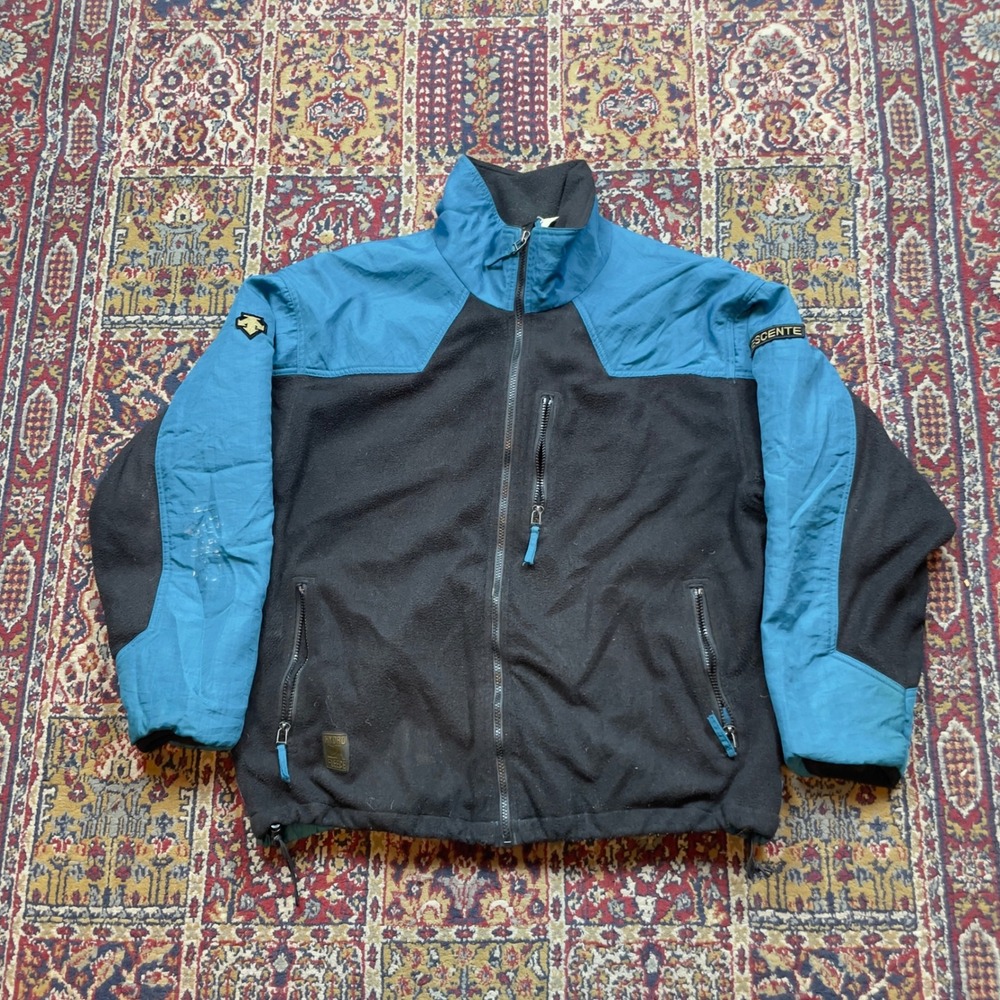VTG 80s 90s Descente Hydro Fleece Jacket Teal Black Full Zip Colorblock USA L